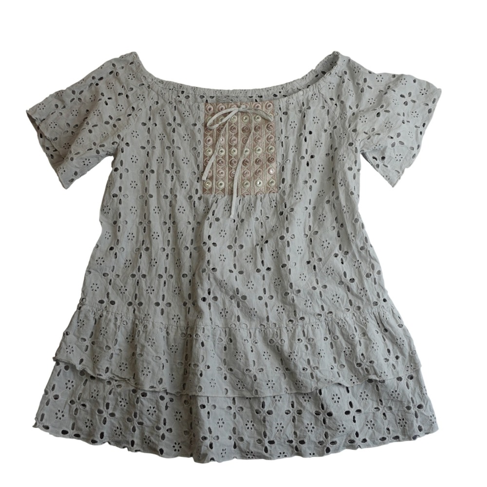 Vintage Italian Eyelet Lace Tiered Top Womens S/M Gray Boho Cottage Romantic